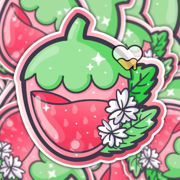 This image shows an hand-drawn adorable sticker, Juicy Strawberry Sticker, which is available to purchase from HunnieByte.com