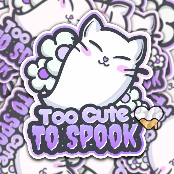 This image shows an hand-drawn adorable sticker, Too Cute To Spook Sticker, which is available to purchase from HunnieByte.com