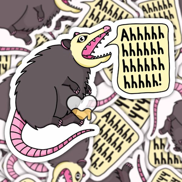 This image shows an hand-drawn adorable sticker, Ahhhh Possum Sticker, which is available to purchase from HunnieByte.com