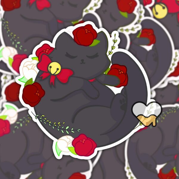 This image shows an hand-drawn adorable sticker, Floral Black Cat Sticker, which is available to purchase from HunnieByte.com