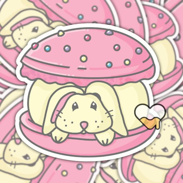 This image shows an hand-drawn adorable sticker, Bunny Macaroon Sticker, which is available to purchase from HunnieByte.com