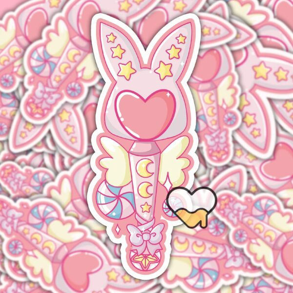 This image shows an hand-drawn adorable sticker, Bunny Magical Wand Sticker, which is available to purchase from HunnieByte.com