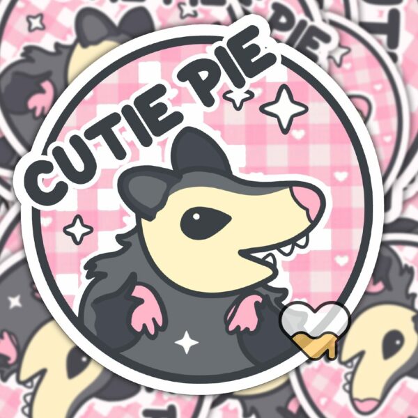 This image shows an hand-drawn adorable sticker, Cutie Pie Possum Sticker, which is available to purchase from HunnieByte.com