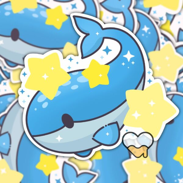 This image shows an hand-drawn adorable sticker, Dreamy Whale Sticker, which is available to purchase from HunnieByte.com