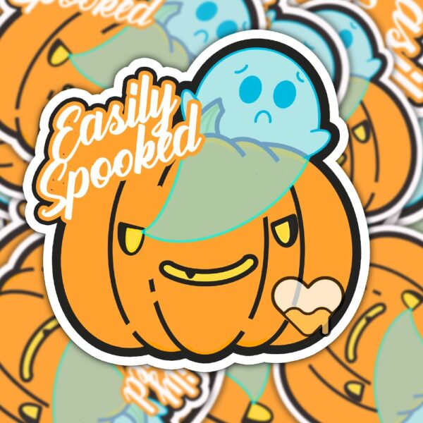 This image shows an hand-drawn adorable sticker, Easily Spooked Ghost Sticker, which is available to purchase from HunnieByte.com