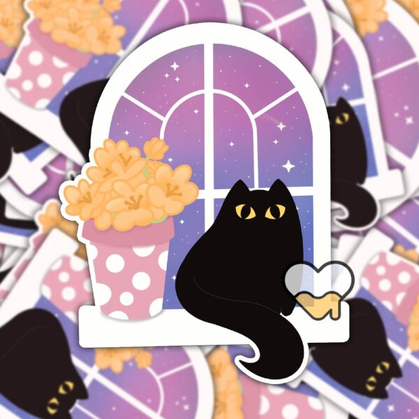 This image shows an hand-drawn adorable sticker, Black Cat Galaxy Window Sticker, which is available to purchase from HunnieByte.com