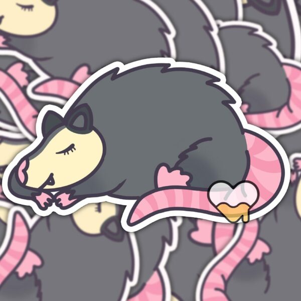 This image shows an hand-drawn adorable sticker, Sleeping Possum Sticker, which is available to purchase from HunnieByte.com