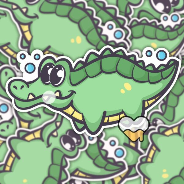 This image shows an hand-drawn adorable sticker, Lenny The Gator Swimming Sticker, which is available to purchase from HunnieByte.com