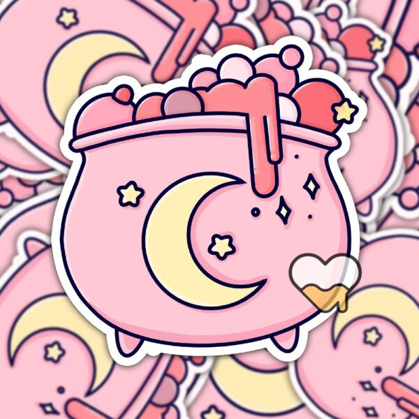 This image shows an hand-drawn adorable sticker, Pretty Pink Cauldron Sticker, which is available to purchase from HunnieByte.com