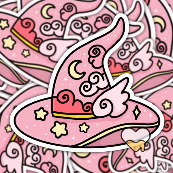 This image shows an hand-drawn adorable sticker, Pretty Pink Magical Hat Sticker, which is available to purchase from HunnieByte.com