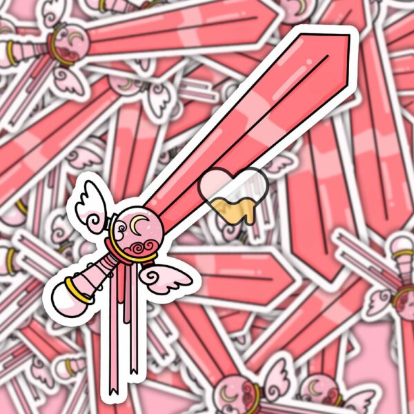 This image shows an hand-drawn adorable sticker, Pretty Pink Magical Sword Sticker, which is available to purchase from HunnieByte.com