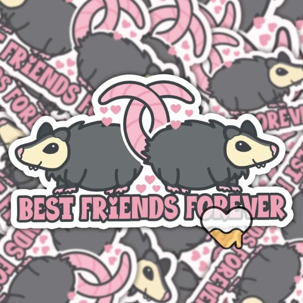 This image shows an hand-drawn adorable sticker, Best Friends Forever Possum Sticker, which is available to purchase from HunnieByte.com