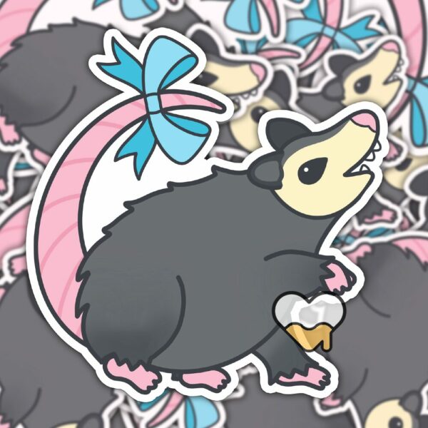 This image shows an hand-drawn adorable sticker, Possum With A Bow Sticker, which is available to purchase from HunnieByte.com