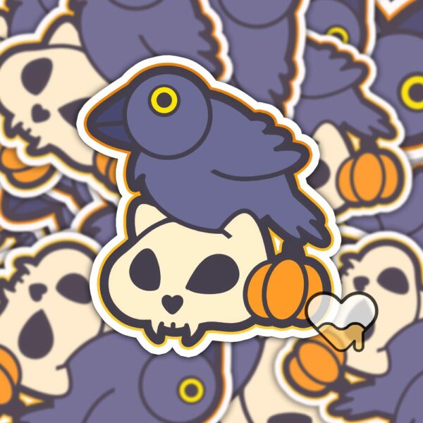 This image shows an hand-drawn adorable sticker, Crow and Skull Sticker, which is available to purchase from HunnieByte.com