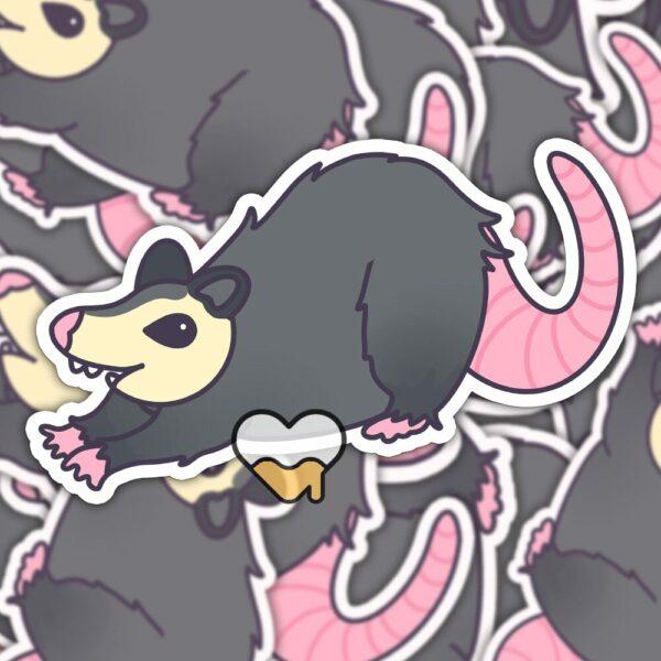 This image shows an hand-drawn adorable sticker, Stretchy Possum Sticker, which is available to purchase from HunnieByte.com