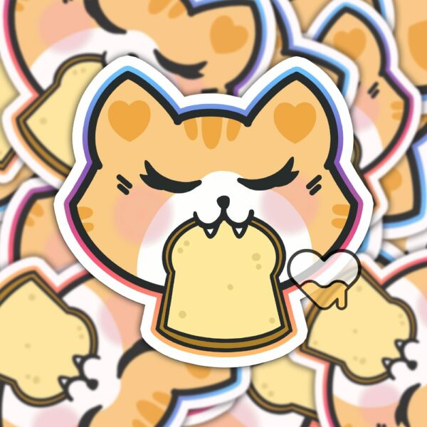 This image shows an hand-drawn adorable sticker, Kitty Toast Sticker, which is available to purchase from HunnieByte.com