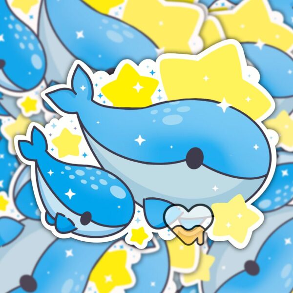 This image shows an hand-drawn adorable sticker, Whale Family Sticker, which is available to purchase from HunnieByte.com