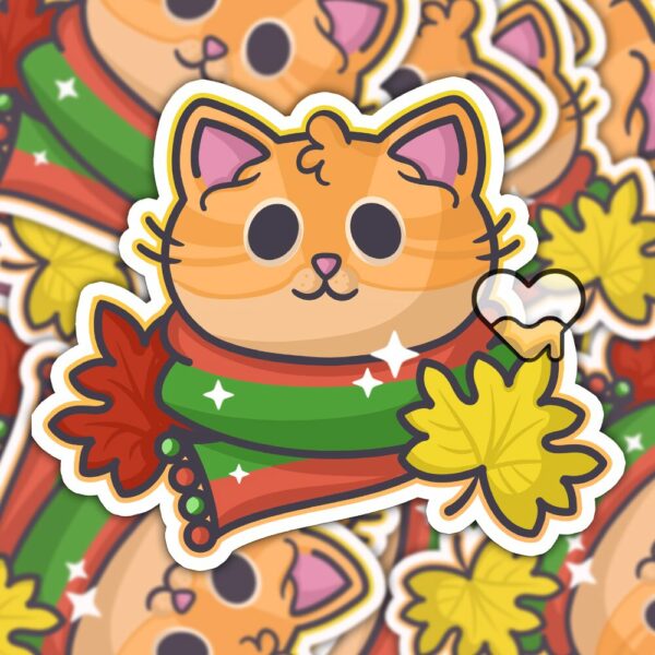 This image shows an hand-drawn adorable sticker, Autumn Ginger Kitty Sticker, which is available to purchase from HunnieByte.com