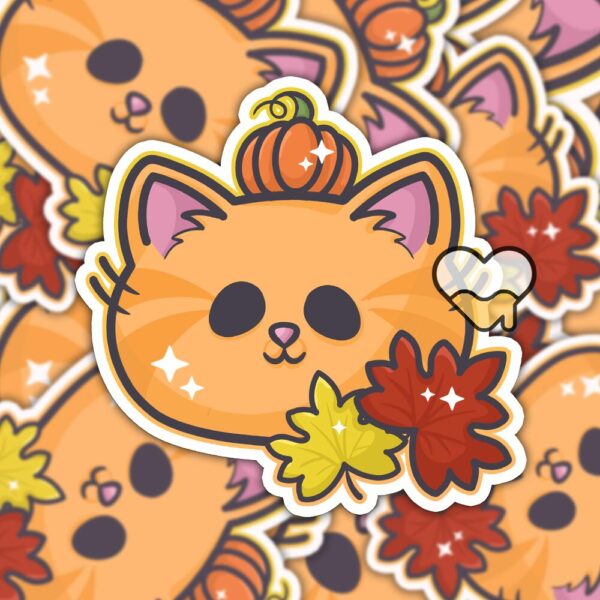 This image shows an hand-drawn adorable sticker, Autumn Pumpkin Kitty Sticker, which is available to purchase from HunnieByte.com