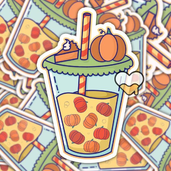 This image shows an hand-drawn adorable sticker, Pumpkin Boba Sticker, which is available to purchase from HunnieByte.com