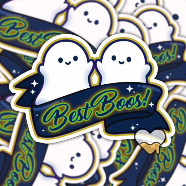 This image shows an hand-drawn adorable sticker, Best Boos Ghost Sticker, which is available to purchase from HunnieByte.com