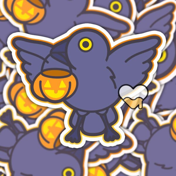 This image shows an hand-drawn adorable sticker, Crow and Pumpkin Sticker, which is available to purchase from HunnieByte.com