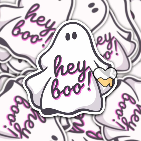 This image shows an hand-drawn adorable sticker, Hey Boo Ghost Sticker, which is available to purchase from HunnieByte.com