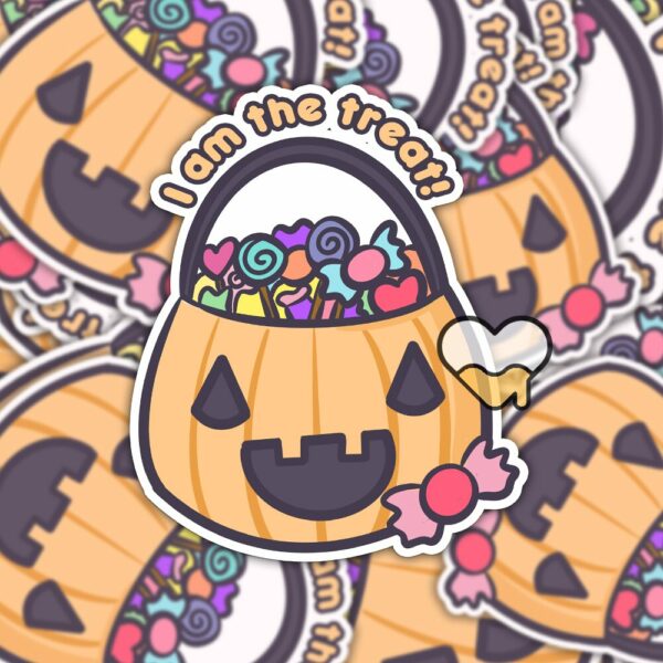 This image shows an hand-drawn adorable sticker, I Am The Treat Jack O Lantern Sticker, which is available to purchase from HunnieByte.com