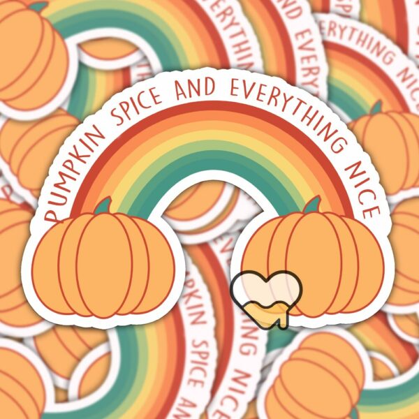 This image shows an hand-drawn adorable sticker, Pumpkin Spice Rainbow Sticker, which is available to purchase from HunnieByte.com