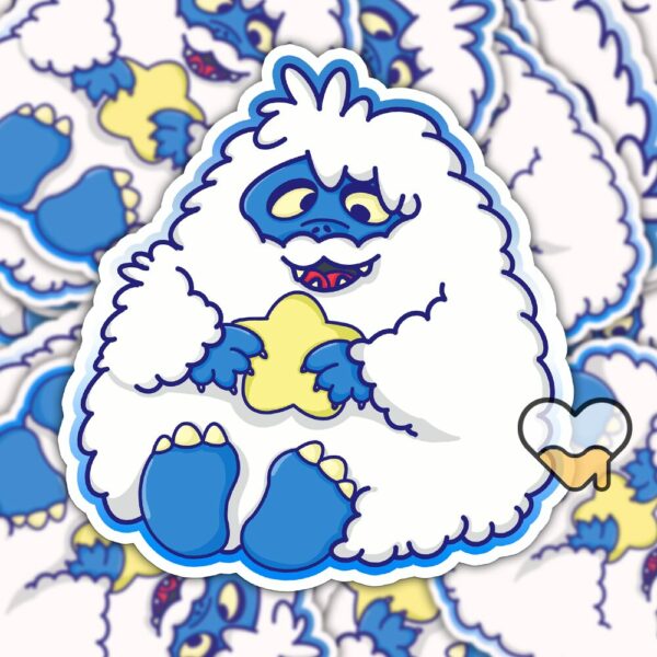 This image shows an hand-drawn adorable sticker, Derpy Yeti Star Sticker, which is available to purchase from HunnieByte.com