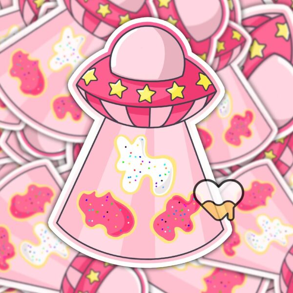 This image shows an hand-drawn adorable sticker, UFO Animal Cookie Sticker, which is available to purchase from HunnieByte.com