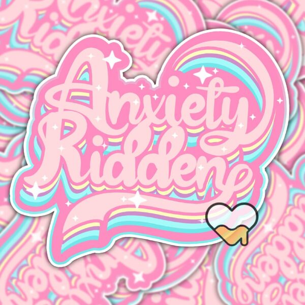 This image shows an hand-drawn adorable sticker, Anxiety Ridden Sticker, which is available to purchase from HunnieByte.com