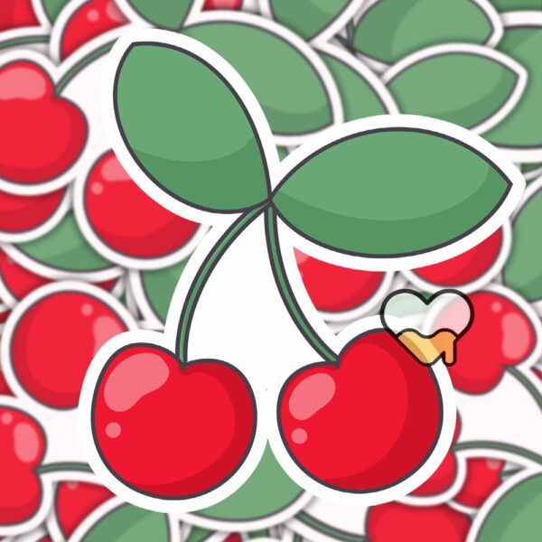 This image shows an hand-drawn adorable sticker, Bright Cherries Sticker, which is available to purchase from HunnieByte.com