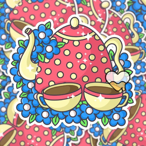 This image shows an hand-drawn adorable sticker, Cute Teapots Sticker, which is available to purchase from HunnieByte.com