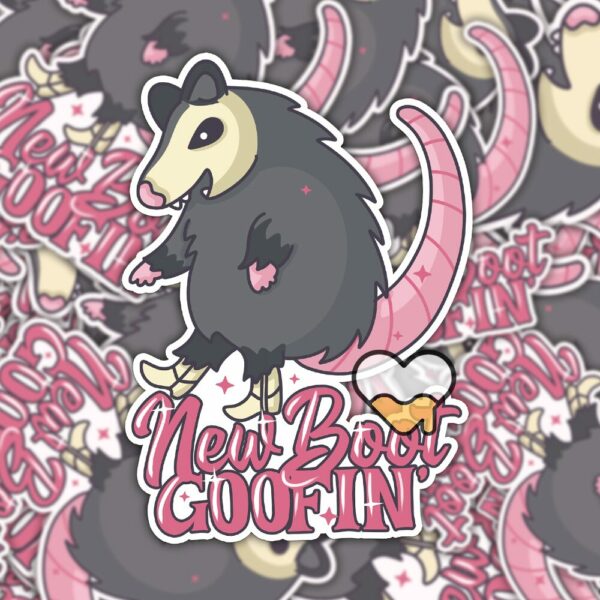 This image shows an hand-drawn adorable sticker, New Boot Goofin Possum Sticker, which is available to purchase from HunnieByte.com