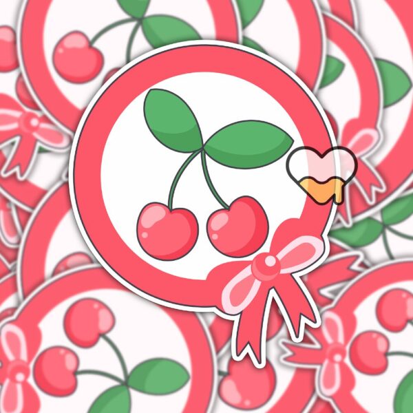 This image shows an hand-drawn adorable sticker, Pink Cherry Bow Sticker, which is available to purchase from HunnieByte.com