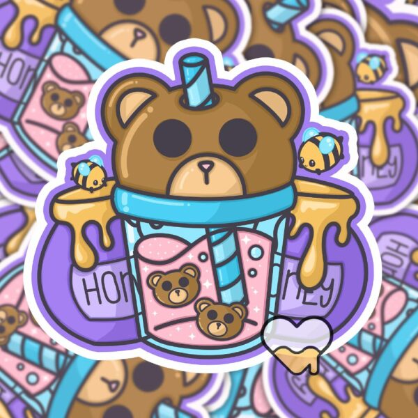 This image shows an hand-drawn adorable sticker, Bear Honey Juice Sticker, which is available to purchase from HunnieByte.com