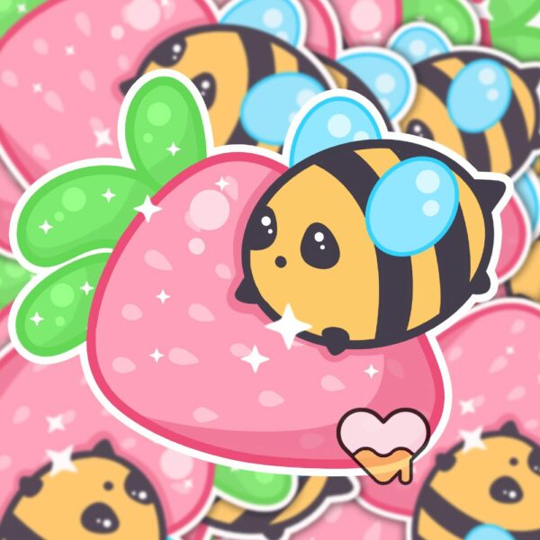 This image shows an hand-drawn adorable sticker, Berry Bee Sticker, which is available to purchase from HunnieByte.com