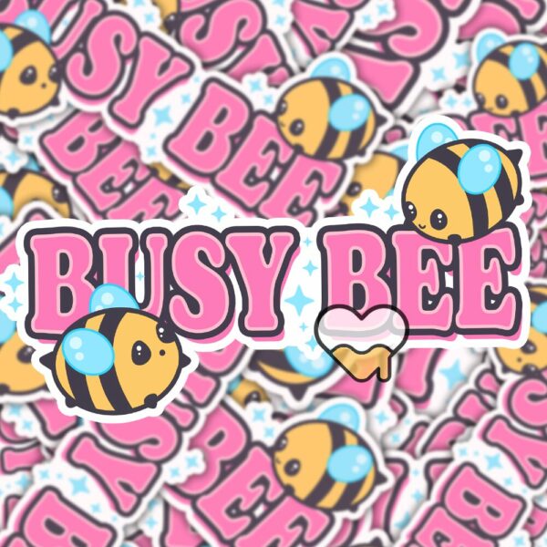 This image shows an hand-drawn adorable sticker, Busy Bee Sticker, which is available to purchase from HunnieByte.com