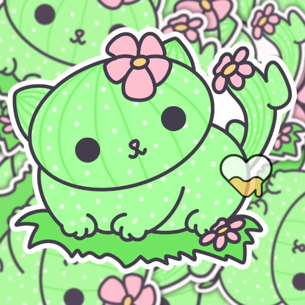 This image shows an hand-drawn adorable sticker, Cacticat Sticker, which is available to purchase from HunnieByte.com