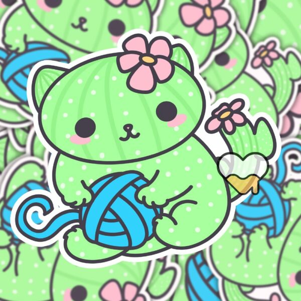 This image shows an hand-drawn adorable sticker, Cacticat with Yarn Sticker, which is available to purchase from HunnieByte.com