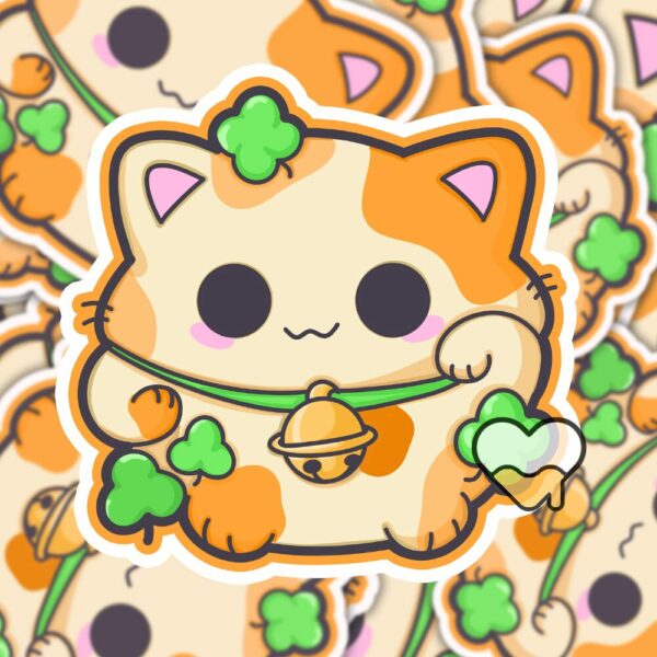 This image shows an hand-drawn adorable sticker, Lucky Calico Cat Sticker, which is available to purchase from HunnieByte.com