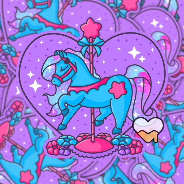 This image shows an hand-drawn adorable sticker, Carousel Horse Twinkle Star Sticker, which is available to purchase from HunnieByte.com