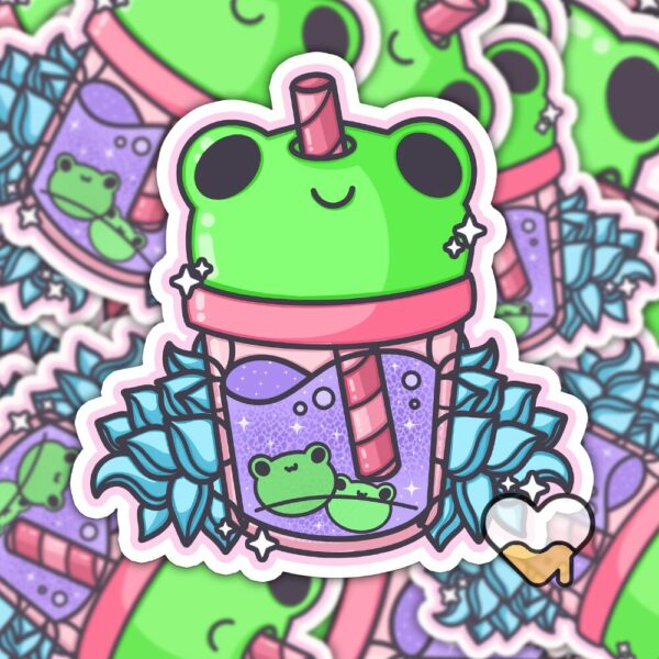 This image shows an hand-drawn adorable sticker, Frog Lotus Juice Sticker, which is available to purchase from HunnieByte.com