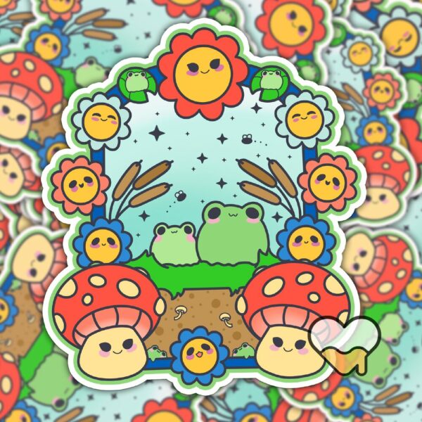 This image shows an hand-drawn adorable sticker, Frog Paradise Sticker, which is available to purchase from HunnieByte.com