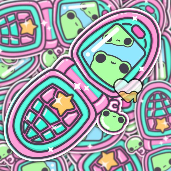 This image shows an hand-drawn adorable sticker, Froggy Flip Phone Sticker, which is available to purchase from HunnieByte.com