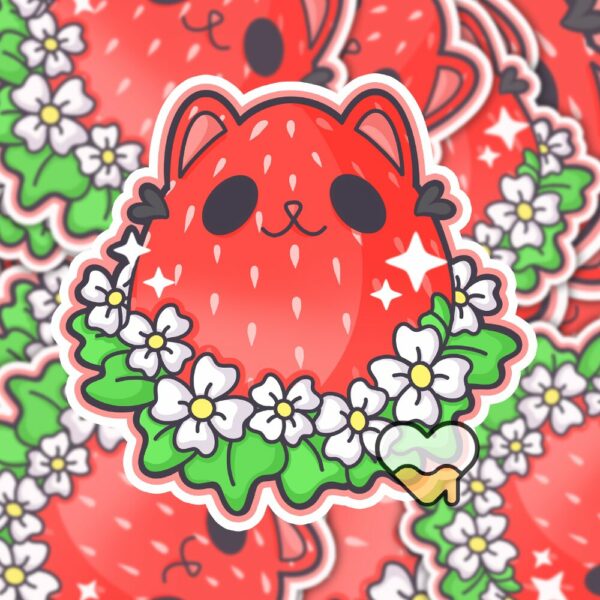 This image shows an hand-drawn adorable sticker, Kitty Berry Sticker, which is available to purchase from HunnieByte.com