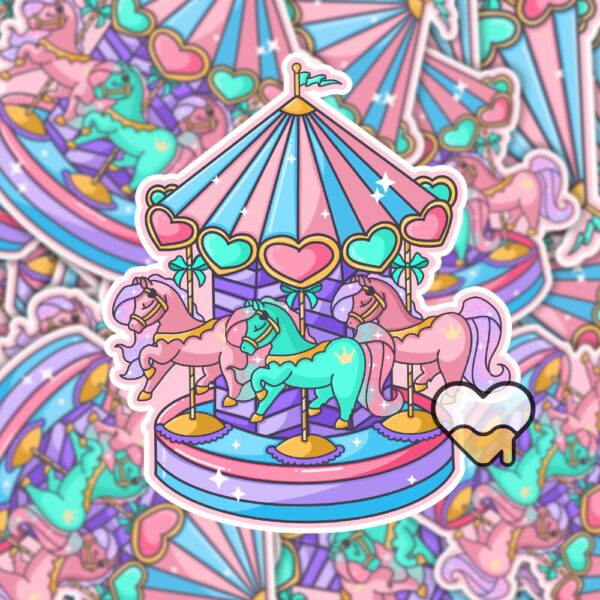 This image shows an hand-drawn adorable sticker, Pastel Carousel Sticker, which is available to purchase from HunnieByte.com