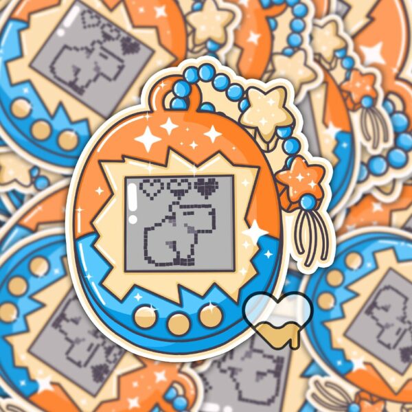 This image shows an hand-drawn adorable sticker, Pet Capybara Game Sticker, which is available to purchase from HunnieByte.com