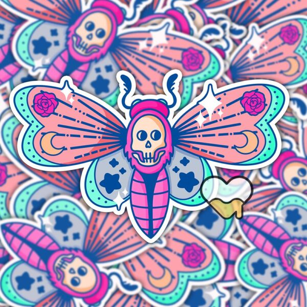 This image shows our adorable sticker finishes, Pastel Deaths Head Moth Sticker, which is available to purchase from HunnieByte.com